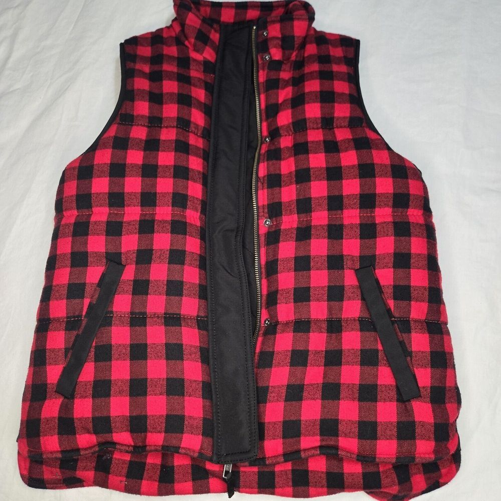 Madewell Puffer Vest Womens Size Small Buffalo Check Faux Shearling Lining Red